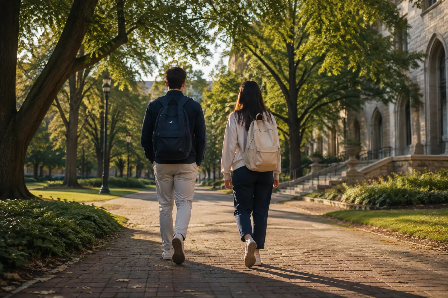 Illustrative campus scene with students heading to their next class.