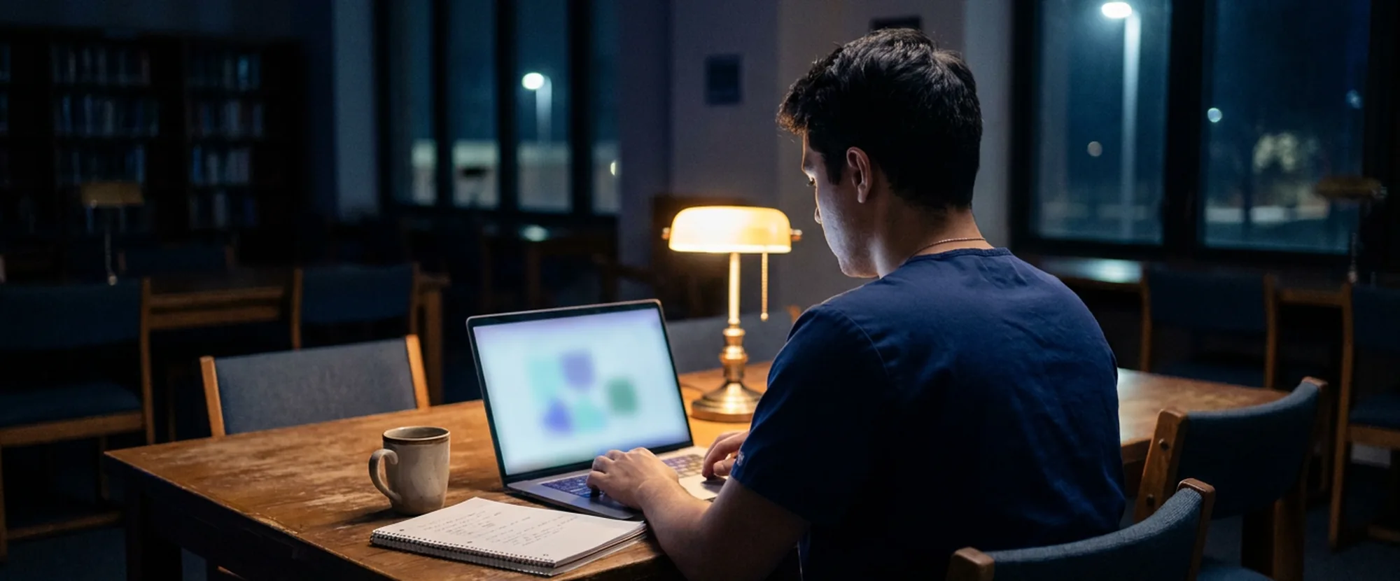 A dental student working through a practice test on a laptop late at night in a university library.