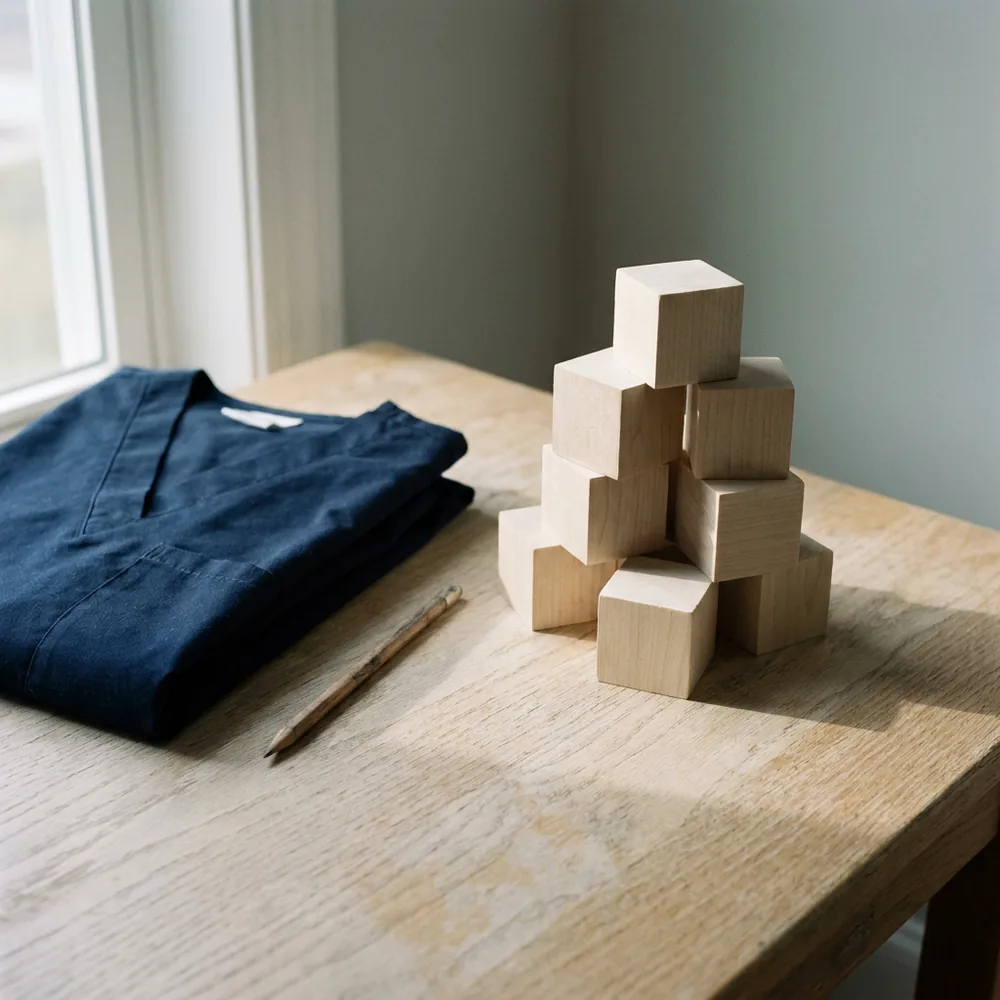 A stack of wooden cubes on a desk beside folded scrubs — the cube-counting subtest of the PAT.
