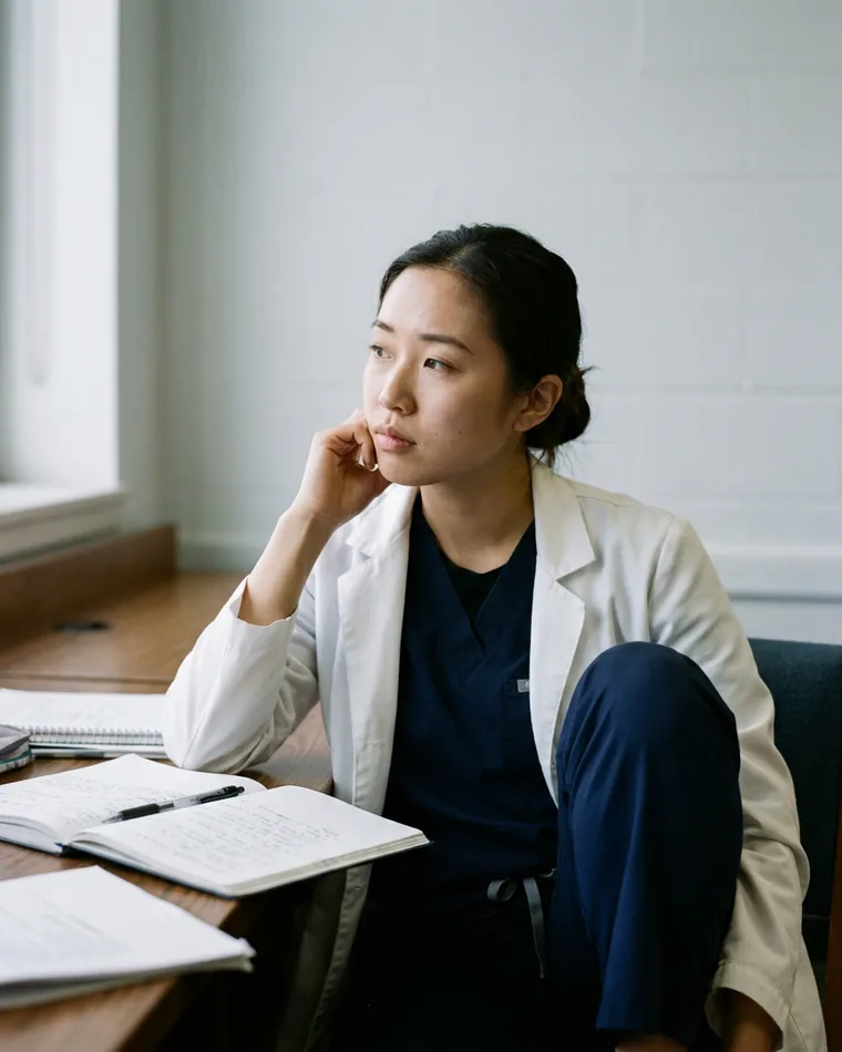 A student in scrubs and a white coat working at a library desk.