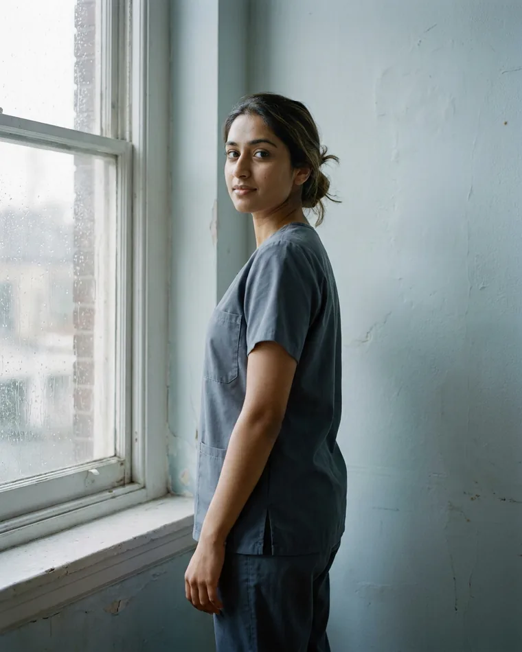 A student in scrubs standing by a window.