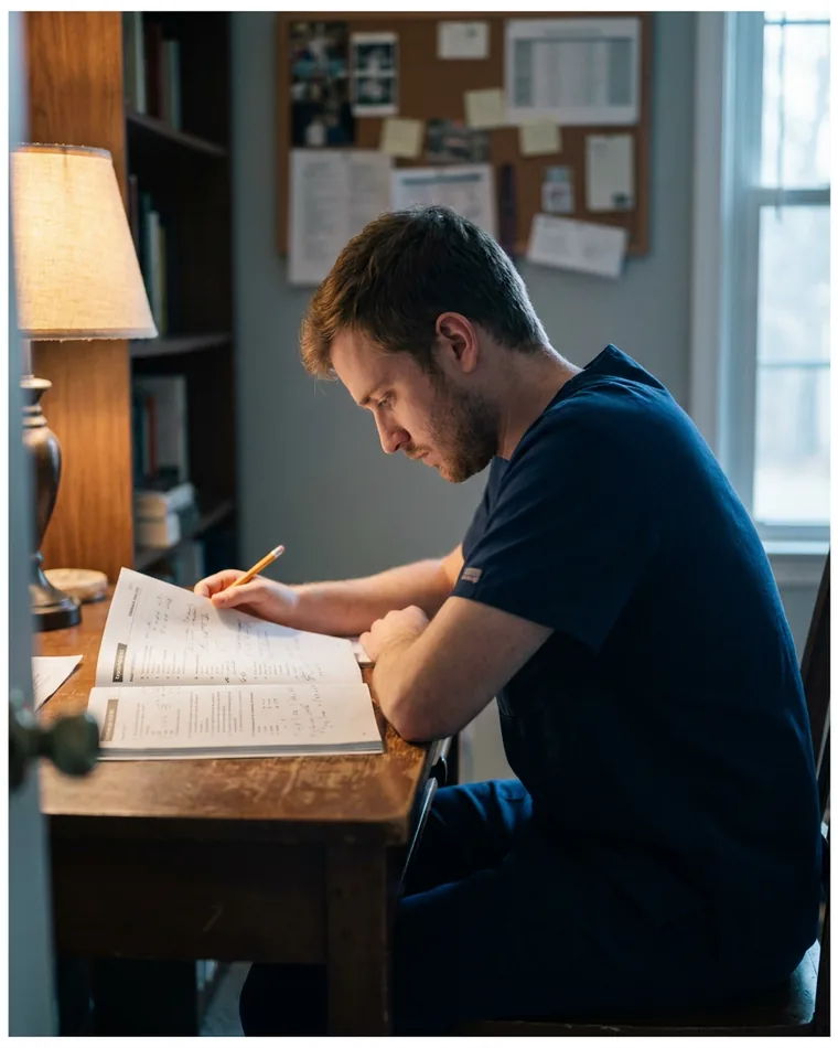 A student annotating a printed practice test at a desk.