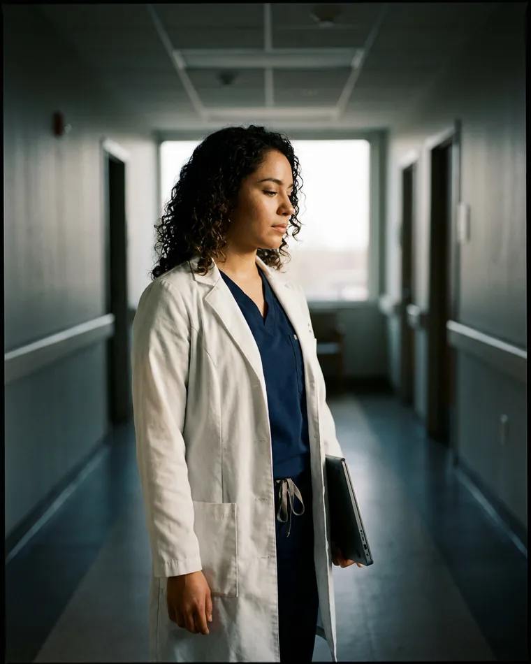 A student in a white coat carrying a laptop down a hallway.
