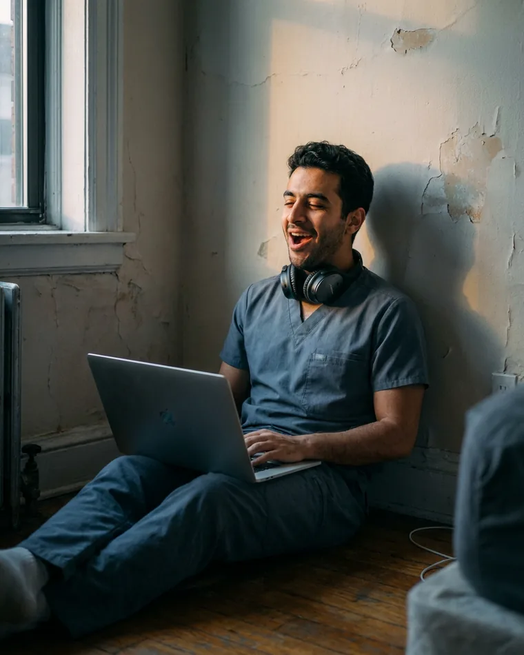 A student in scrubs studying on a laptop with headphones.